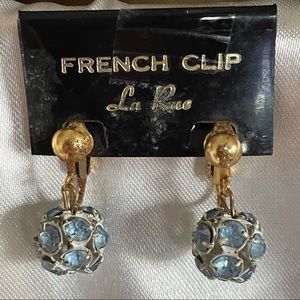 Vintage Blue Rhinestone White Prong Dangle Drop Gold Tone Ball Clip Earrings